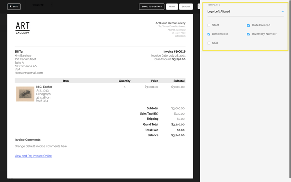 print invoice options