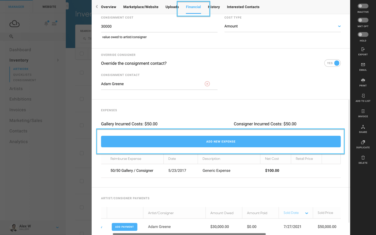 Track incurred expenses for artwork